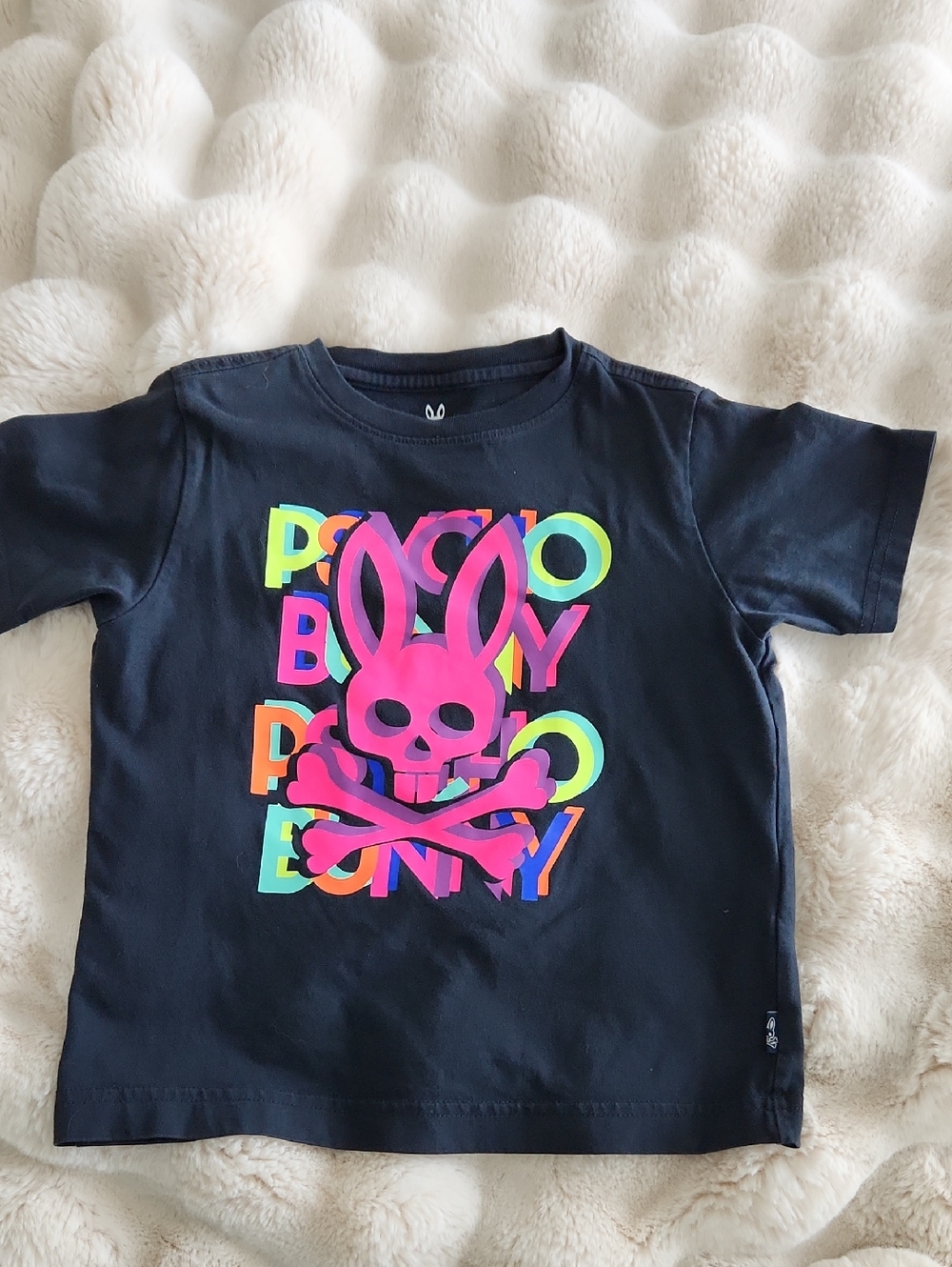 Psycho Bunny Navy Tee with Neon Pink Bunny Skull and Multicolor Lettering